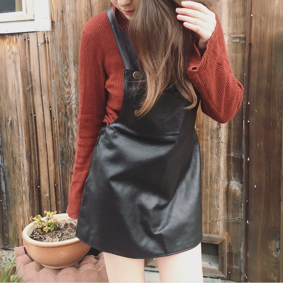 Vintage Dresses & Skirts - Vintage Vegan Faux Leather Black Jumper Dress M